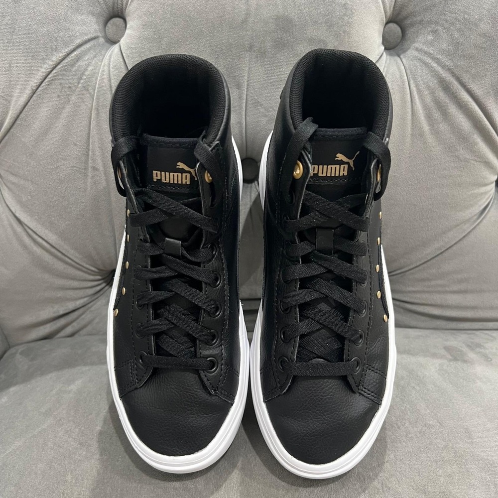 Puma Kaia Mid Studs Sneakers Youth 5.5 Black Gold Platform High Top 390483-01 - Picture 2 of 9